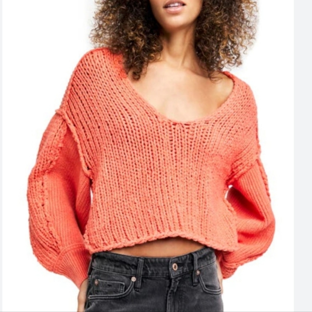 We The Free Chunky Knit V-Neck Sweater in Coral